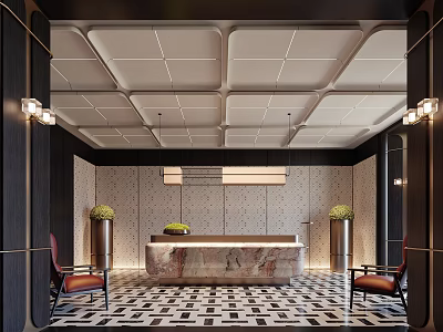 Elegant Hotel Lobby Interior With Marble Reception Desk Geometric Tiles Green Plants And Chandeliers 3d model