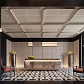 Elegant Hotel Lobby Interior With Marble Reception Desk Geometric Tiles Green Plants And Chandeliers