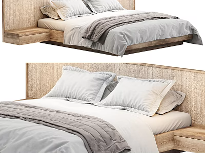 Modern Double Bed With Rattan Headboard Wooden Frame Gray Blanket And White Pillows 3d model