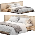 Modern Double Bed With Rattan Headboard Wooden Frame Gray Blanket And White Pillows