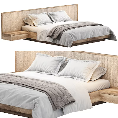 Modern Double Bed With Rattan Headboard Wooden Frame Gray Blanket And White Pillows 3d model