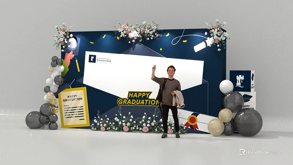 Decorated Graduation Photo Spot With Happy Graduation Sign Balloons And Flower Arrangements 3d model 