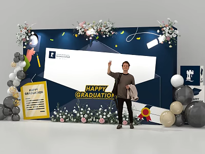 Decorated Graduation Photo Spot With Happy Graduation Sign Balloons And Flower Arrangements 3d model