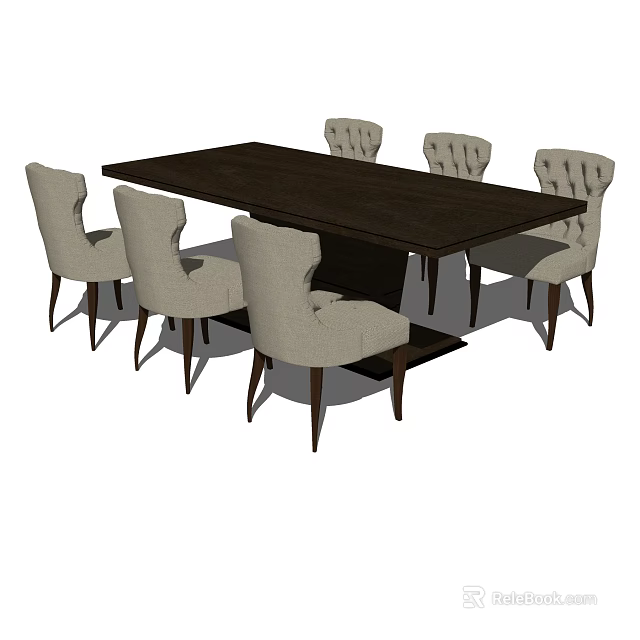 Elegant Dark Wooden Rectangular Dining Table Set With Six Light Upholstered Chairs 3d model