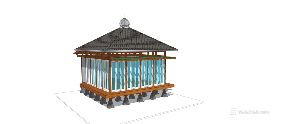 Traditional Wooden House With Black Tiled Roof Large Glass Windows And Supporting Pillars 3d model 