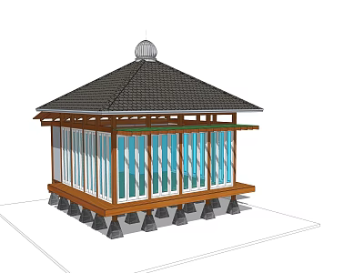Traditional Wooden House With Black Tiled Roof Large Glass Windows And Supporting Pillars 3d model