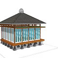 Traditional Wooden House With Black Tiled Roof Large Glass Windows And Supporting Pillars