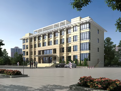 Modern Office Building With Stone Facade Large Glass Windows Trees Flower Beds And Front Plaza 3d model