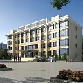 Modern Office Building With Stone Facade Large Glass Windows Trees Flower Beds And Front Plaza