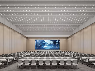 Large Modern Conference Room With Rows Of Chairs Front Large Screen And World Map 3d model