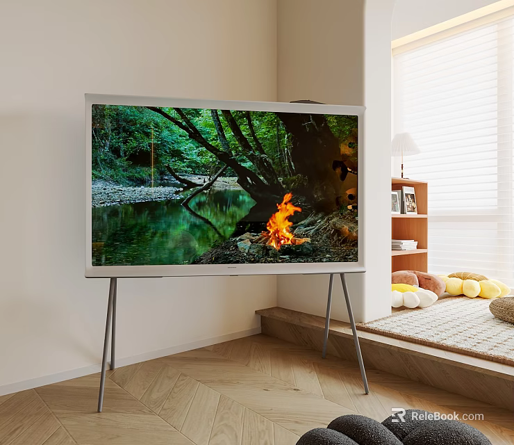 Modern TV on Stand Displaying Forest Campfire Scene in Living Room with Window and Bookshelf 3d model 