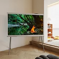 Modern TV on Stand Displaying Forest Campfire Scene in Living Room with Window and Bookshelf