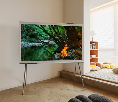 Modern TV on Stand Displaying Forest Campfire Scene in Living Room with Window and Bookshelf 3d model