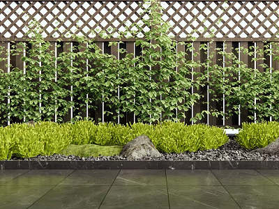 Green Garden Landscaping With Lattice Fence Shrubs Grasses And Stones On Dark Tiles 3d model