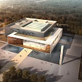Modern Building Exterior View With Glass Curtain Walls Water Pool Cherry Blossoms And Plaza
