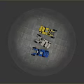 Three Colorful Toy Truck Models Blue White Yellow On Gray Ground With Small Figure