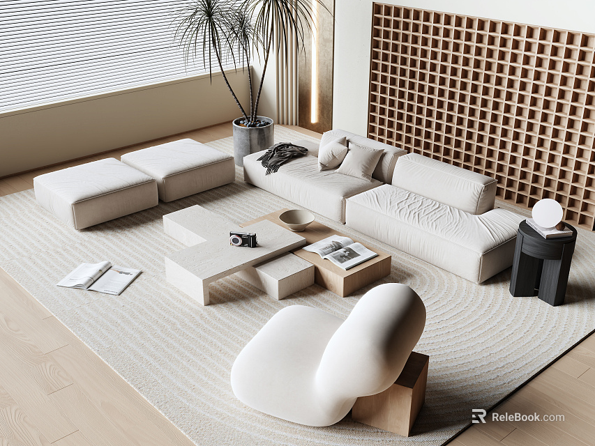 Modern Minimalist Sofa and Coffee Table Set With Light Upholstery Lattice Wall and Palm Plant 3d model 