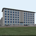 Industrial Factory Building With Blue Roof Adjacent Multi Story Office Parking Lot And Green Lawn