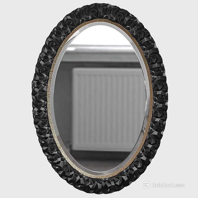 Oval Decorative Mirror With Black Crystal Textured Frame And Gold Trim 3d model 