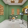 Vinyl Record Store Interior With Green Walls Display Shelves And Workstation