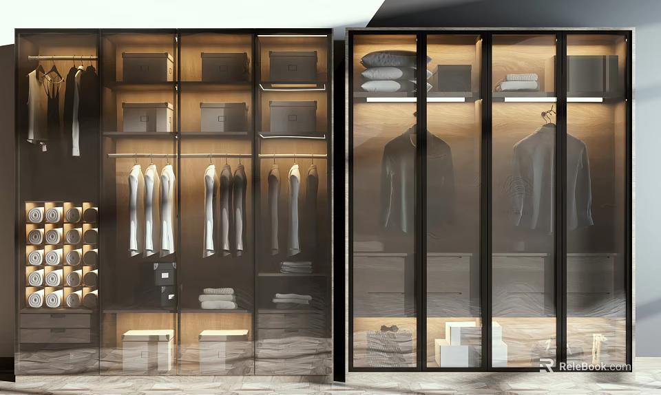 Modern Wardrobe with Glass Doors LED Lighting and Layered Storage Compartments 3d model 