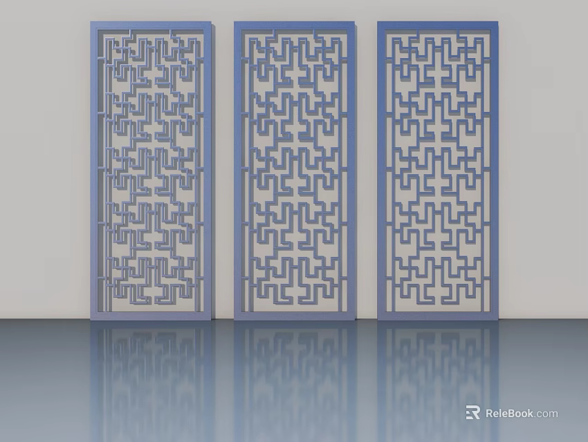 Three Blue Framed Hinged Doors With White Panels And Geometric Patterns 3d model