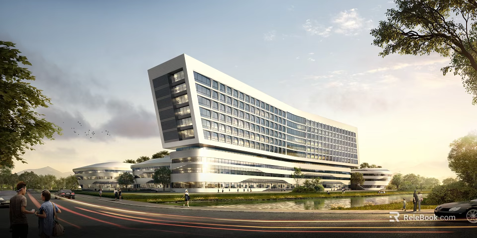 Modern White Architectural Building With Glass Windows Green Landscaping And Water Body 3d model 