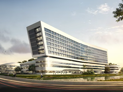 Modern White Architectural Building With Glass Windows Green Landscaping And Water Body 3d model