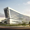 Modern White Architectural Building With Glass Windows Green Landscaping And Water Body