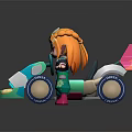 Cartoon Character With Blonde Hair By Turquoise Go Kart With Pink Spoiler And Purple Wheels