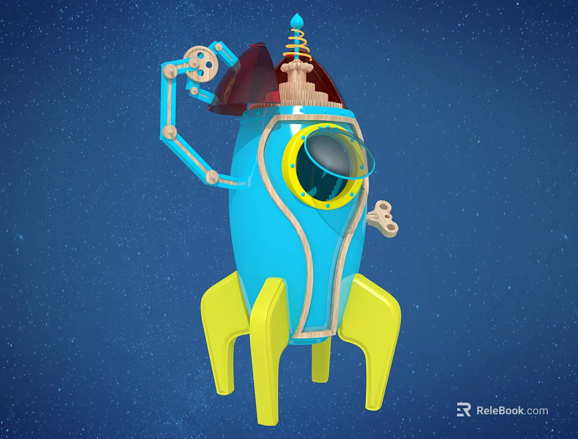 Blue Rocket Shaped Doll With Yellow Base Transparent Circular Window And Starry Sky Background 3d model 