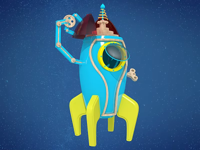Blue Rocket Shaped Doll With Yellow Base Transparent Circular Window And Starry Sky Background 3d model
