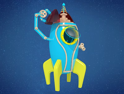 Blue Rocket Shaped Doll With Yellow Base Transparent Circular Window And Starry Sky Background 3d model