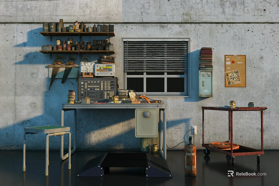 Industrial Workshop Area Featuring Shelves Cans Window Blinds Table Equipment Stool And Wheeled Cart 3d model 