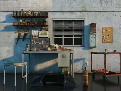 Industrial Workshop Area Featuring Shelves Cans Window Blinds Table Equipment Stool And Wheeled Cart 3d model