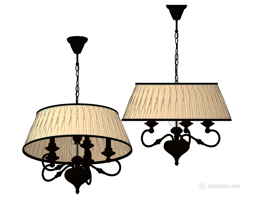 Elegant Classical Style Chandeliers With Beige Pleated Shades And Black Metal Frames 3d model 