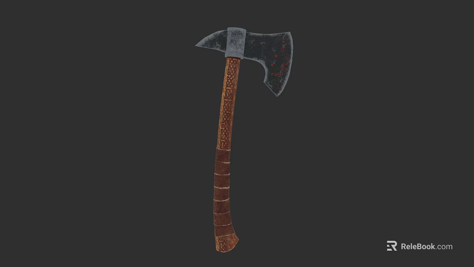 Medieval Battle Axe with Black Gray Head Red Accents and Brown Textured Handle 3d model 