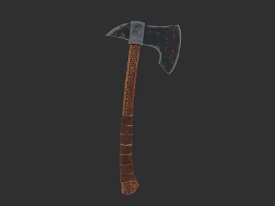 Medieval Battle Axe with Black Gray Head Red Accents and Brown Textured Handle 3d model