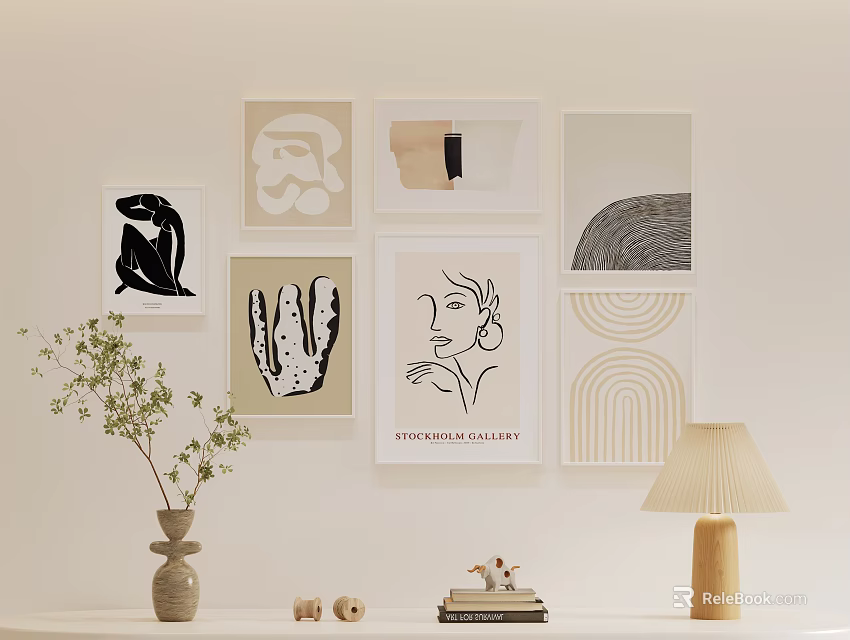 Minimalist Modern Wall Gallery With Various Artworks And Table Decor Items 3d model