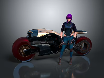 Futuristic Black And Gold Motorcycle With Purple Haired Woman Standing Beside It 3d model