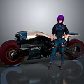 Futuristic Black And Gold Motorcycle With Purple Haired Woman Standing Beside It