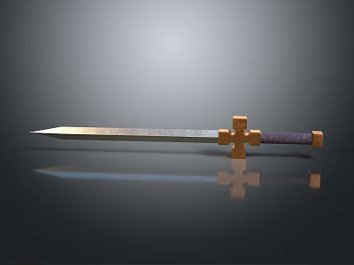 Medieval Weapon Sword With Metal Blade Golden Cross Guard And Purple Hilt On Reflective Surface 3d model