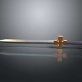 Medieval Weapon Sword With Metal Blade Golden Cross Guard And Purple Hilt On Reflective Surface