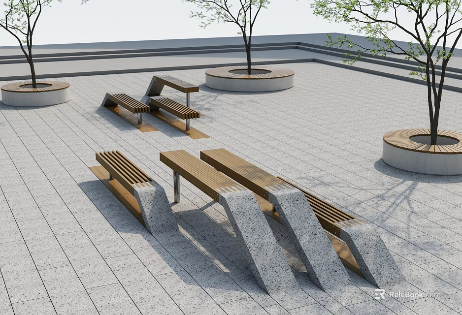 Modern Landscape Seats With Wooden Stone Design In Outdoor Paved Square With Trees 3d model 