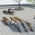 Modern Landscape Seats With Wooden Stone Design In Outdoor Paved Square With Trees