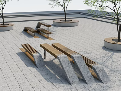 Modern Landscape Seats With Wooden Stone Design In Outdoor Paved Square With Trees 3d model