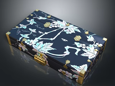 Intricately Carved Dark Blue Box with White Gold Floral Patterns and Golden Edges Clasp 3d model