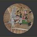 Modern Aerial View Of White Dome Building With Red Roof Green Lawn And Crossroads