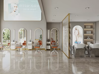 Modern Hair Salon Interior Design With Oval Mirrors And Orange Chairs 3d model