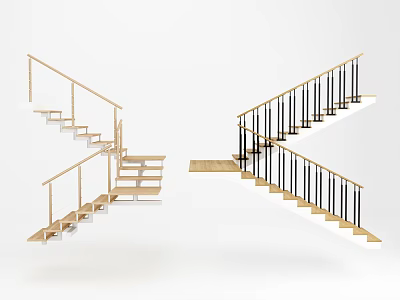 Different Modern Staircase Designs With Wooden Steps And Metal Railings 3d model